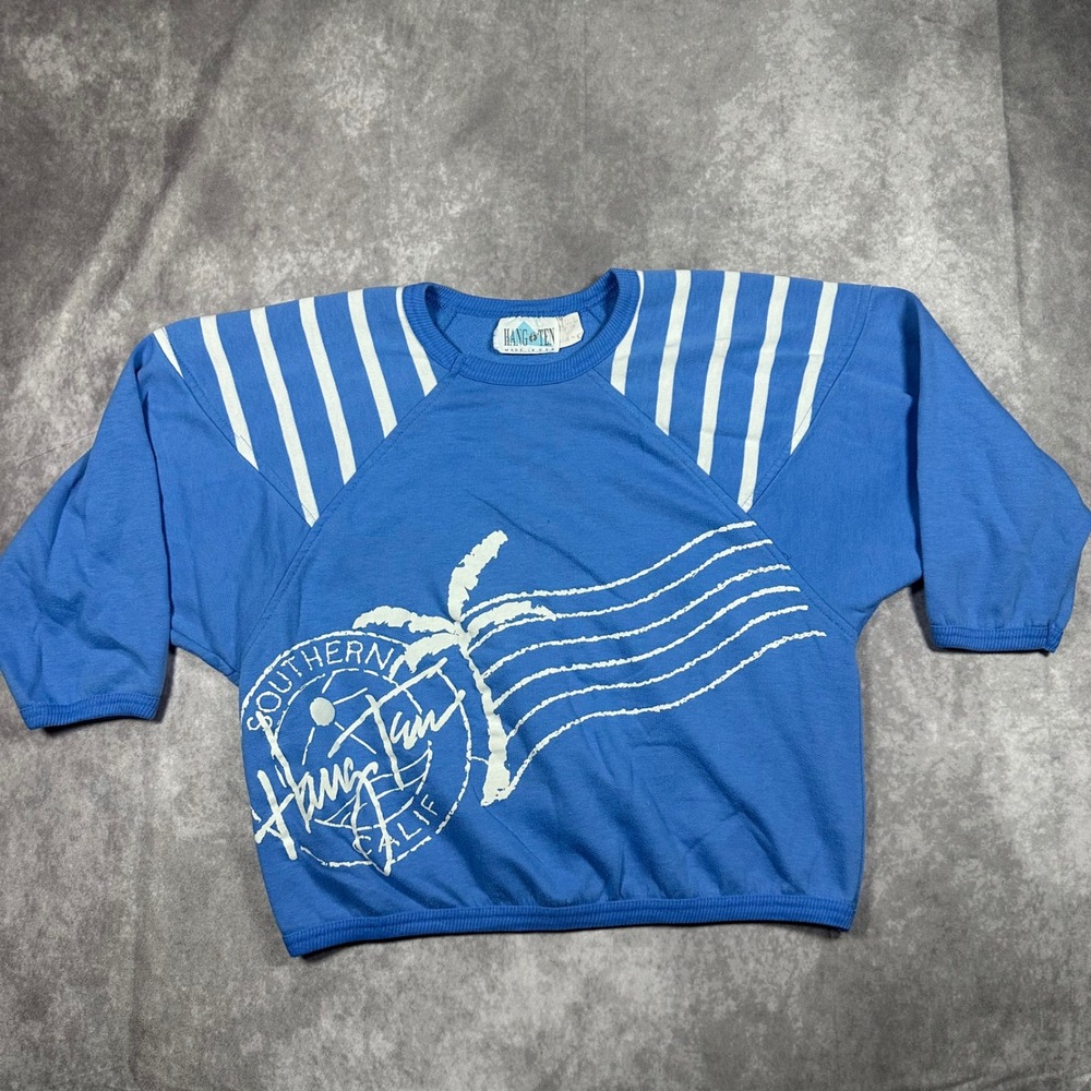 VTG Hang Ten SoCal Surf Graphic Sweatshirt Mens M Blue Striped USA Made 80s 90s